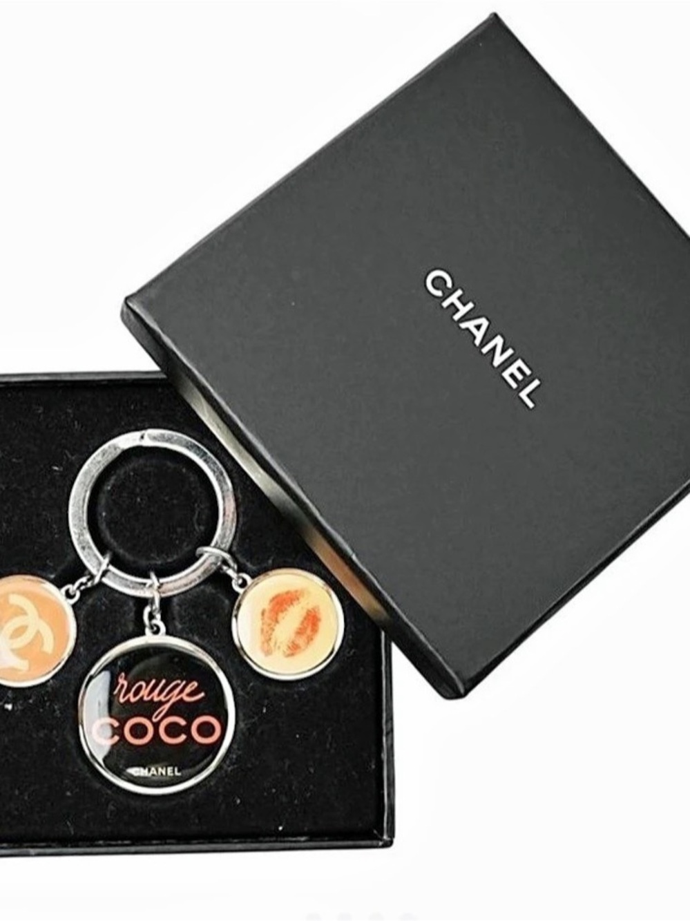 Chanel Rouge Coco Lipstick Charm Keychain in Silver & Orange